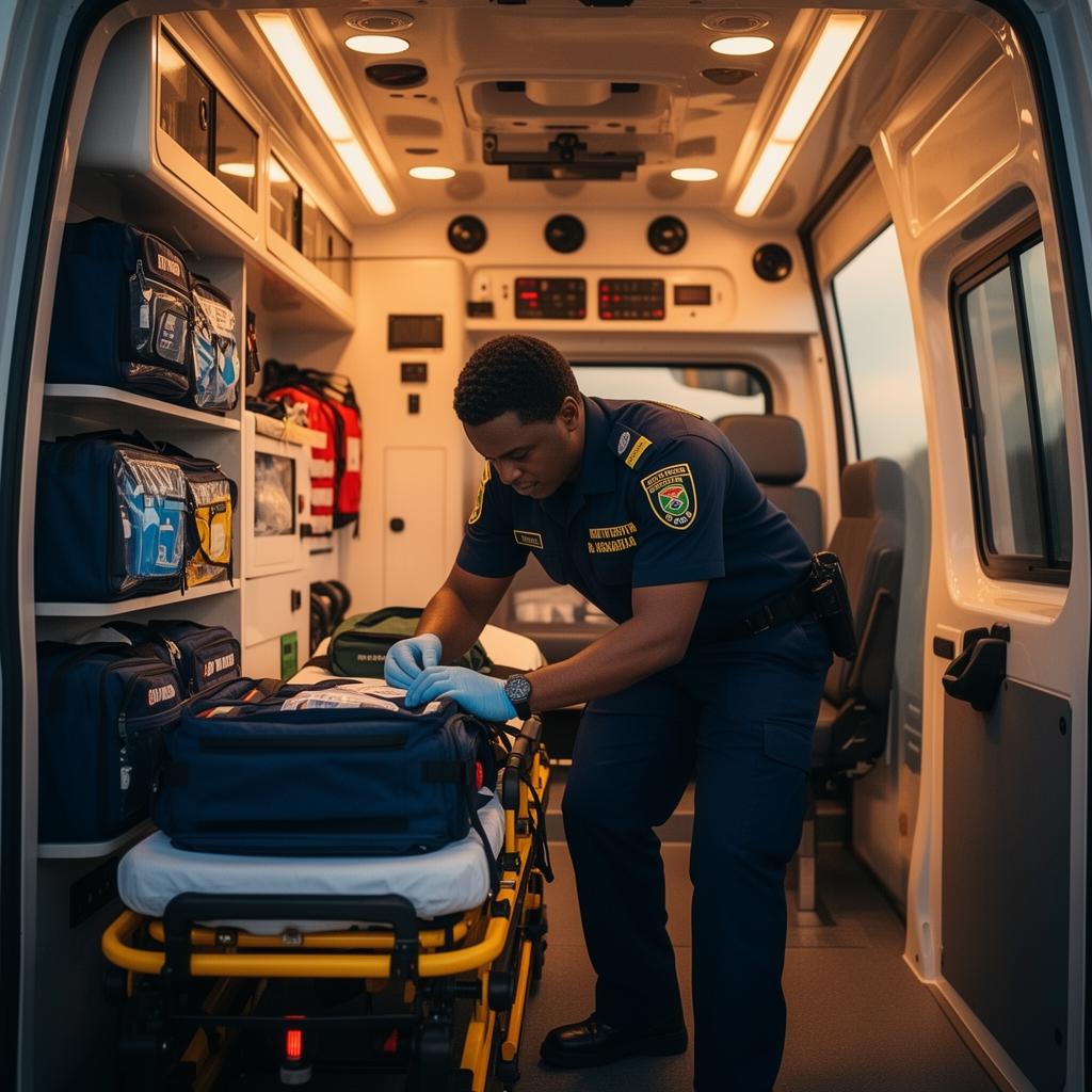 Rescue Tech EMS paramedic preparing equipment inside an ambulance